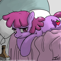 Size: 900x900 | Tagged: safe, artist:johnjoseco, berry punch, berryshine, earth pony, pony, adobe imageready, bed, female, hangover, liquor, mare, messy mane, morning ponies, pillow, solo