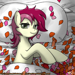 Size: 900x900 | Tagged: safe, artist:johnjoseco, roseluck, earth pony, pony, adobe imageready, bed, female, looking at you, mare, morning ponies, pillow, rose, rose petals, smiling, solo