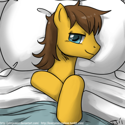 Size: 900x900 | Tagged: safe, artist:johnjoseco, caramel, earth pony, pony, adobe imageready, bed, carabetes, caramel is awesome, cute, looking at you, male, morning ponies, on back, pillow, solo, stallion
