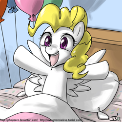 Size: 900x900 | Tagged: safe, artist:johnjoseco, surprise, pegasus, pony, g1, adobe imageready, balloon, bed, female, g1 to g4, generation leap, mare, morning ponies, pillow, smiling, solo, spread wings, wings