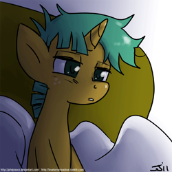Size: 900x900 | Tagged: safe, artist:johnjoseco, snails, pony, unicorn, adobe imageready, bed, colt, cute, diasnails, male, morning ponies, pillow, solo