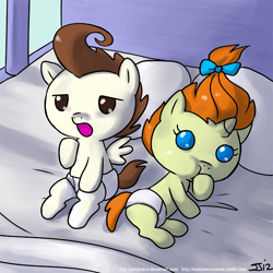 Size: 900x900 | Tagged: safe, artist:johnjoseco, pound cake, pumpkin cake, pegasus, pony, unicorn, adobe imageready, baby, baby pony, cake twins, duo, female, male, morning ponies, pillow, siblings, spread wings, twins, wings