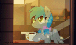 Size: 677x400 | Tagged: safe, artist:wingedwolf94, oc, oc only, oc:darcy sinclair, pegasus, pony, animated, coffee, cute, drinking, eyes closed, female, floppy ears, frame by frame, hoof hold, looking up, mare, ocbetes, open mouth, sitting, smiling, solo, spread wings, wings