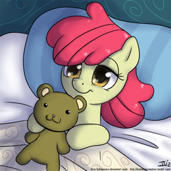 Size: 900x900 | Tagged: safe, artist:johnjoseco, apple bloom, earth pony, pony, :3, adobe imageready, adorabloom, bed, cute, female, filly, lidded eyes, looking at you, missing accessory, morning ponies, on back, pillow, sleepy, smiling, solo, teddy bear, tired