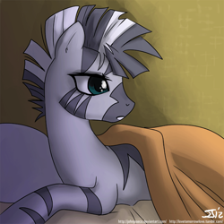 Size: 900x900 | Tagged: safe, artist:johnjoseco, zecora, zebra, adobe imageready, bed, female, mare, morning ponies, pillow, solo, waking up