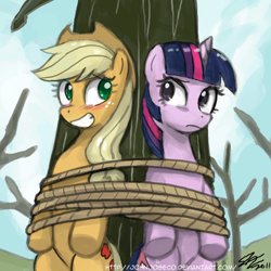 Size: 800x800 | Tagged: safe, artist:johnjoseco, applejack, twilight sparkle, unicorn twilight, earth pony, pony, unicorn, secret of my excess, adobe imageready, blushing, bondage, duo, female, looking at each other, mare, rope, scene interpretation, tied up, tree