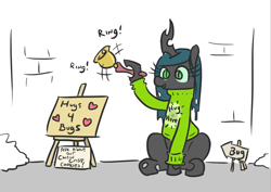 Size: 792x560 | Tagged: safe, artist:jargon scott, queen chrysalis, changeling, changeling queen, bell, clothes, cute, cutealis, female, hole, hugs 4 bugs, sign, sitting, smiling, solo, sweater, weapons-grade cute