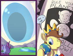 Size: 900x700 | Tagged: safe, artist:goat train, oc, oc only, oc:tomson, pony, unicorn, commission, crown, dialogue, giant eye in the sky, giant pony, jewelry, macro, male, planet, pony bigger than a planet