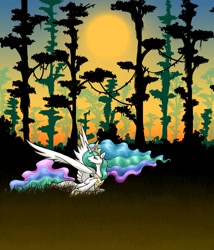 Size: 1275x1492 | Tagged: dead source, safe, artist:jackjacko-eponymous, princess celestia, alicorn, pony, female, forest, mare, solo, spread wings, sun, tree, wings