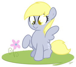 Size: 934x834 | Tagged: safe, artist:egophiliac, derpy hooves, bee, pegasus, pony, cute, derpabetes, female, flower, mare, solo, spread wings, wings