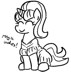 Size: 475x480 | Tagged: safe, artist:jargon scott, starlight glimmer, pony, unicorn, black and white, clothes, dialogue, eyes closed, female, grayscale, mare, monochrome, mormons, simple background, sitting, smiling, solo, underwear, white background