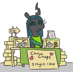 Size: 783x776 | Tagged: safe, artist:jargon scott, queen chrysalis, changeling, changeling queen, boxes, clothes, cookie, cute, cutealis, fangs, female, food, hugs 4 bugs, sign, smiling, solo