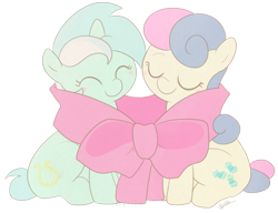 Size: 957x736 | Tagged: safe, artist:egophiliac, bon bon, lyra heartstrings, sweetie drops, earth pony, pony, unicorn, bow, female, mare, ribbon, simple background, smiling, transparent background