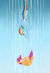 Size: 2050x3000 | Tagged: dead source, safe, artist:manateemckenzie, rainbow dash, scootaloo, pegasus, pony, falling, female, filly, flying, high res, mare, scootaloo can't fly, this will end in tears and/or death