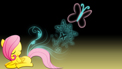 Size: 1920x1080 | Tagged: artist needed, source needed, useless source url, safe, fluttershy, butterfly, pegasus, pony, eyes closed, female, filly, gradient background, photoshop, prone, repdigit milestone, smiling, solo, wallpaper, younger