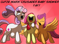 Size: 1024x753 | Tagged: safe, artist:cosmonaut, derpibooru import, apple bloom, scootaloo, sweetie belle, earth pony, pegasus, pony, unicorn, baby shower, belly, cutie mark, cutie mark crusaders, cutie mom crusaders, dialogue, hyper, hyper pregnancy, older, older apple bloom, older scootaloo, older sweetie belle, pregnant, talking, talking to viewer, the cmc's cutie marks