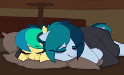 Size: 1544x932 | Tagged: safe, artist:shinodage, oc, oc only, oc:apogee, oc:delta vee, pony, bed, cute, delta vee's junkyard, eyes closed, female, floppy ears, freckles, mare, mother and child, mother and daughter, parent and child, sleeping, smiling, wholesome