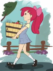 Size: 1200x1600 | Tagged: safe, artist:thelivingmachine02, apple bloom, human, apple, apple bloom's bow, bow, bucket, clothes, denim, denim dress, dress, female, gimp, hair bow, humanized, mary janes, solo