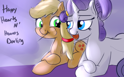 Size: 1024x640 | Tagged: safe, artist:cosmonaut, derpibooru import, applejack, rarity, earth pony, pony, unicorn, alternate hairstyle, dialogue, female, hearts and hooves day, lesbian, mare, open mouth, rarijack, shipping, smiling