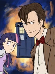 Size: 768x1024 | Tagged: safe, artist:thelivingmachine02, doctor whooves, twilight sparkle, human, doctor who, eleventh doctor, female, gimp, humanized, looking at you, male, tardis