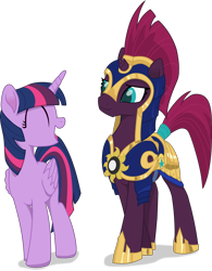 Size: 2340x2999 | Tagged: safe, artist:brisineo, artist:kitana762, fizzlepop berrytwist, tempest shadow, twilight sparkle, twilight sparkle (alicorn), alicorn, pony, unicorn, my little pony: the movie, armor, broken horn, eyes closed, fanfic, fanfic art, female, helmet, mare, open mouth, royal guard, simple background, smiling, tempest becomes a royal guard, transparent background