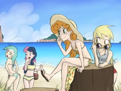 Size: 1024x768 | Tagged: safe, artist:thelivingmachine02, bon bon, carrot top, derpy hooves, golden harvest, lyra heartstrings, sweetie drops, human, ass, basket, beach, belly button, bikini, bikini babe, blue swimsuit, breasts, butt, clothes, dat butt, feet, female, flatyra, flip-flops, gimp, glasses, human coloration, humanized, leaning, lip bite, lyra hindstrings, open mouth, orange swimsuit, sandals, side-tie bikini, sitting, skinny, small breasts, smiling, sunglasses, swimsuit, tree stump, underp, wedgie, wide eyes, wink, yellow swimsuit