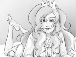 Size: 1024x768 | Tagged: safe, artist:thelivingmachine02, princess celestia, human, barefoot, breasts, cleavage, crown, feet, female, foot fetish, gimp, grayscale, humanized, jewelry, looking at you, monochrome, prone, regalia, smiling, soles, solo