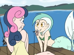 Size: 1024x768 | Tagged: safe, artist:thelivingmachine02, bon bon, lyra heartstrings, sweetie drops, human, mermaid, worm, behaving like a fish, bon bon is not amused, duo, female, fishing, gimp, humanized, looking at each other, mermaid lyra, mermaidized, midriff, mouth hold, ocean, shocked, smiling, water