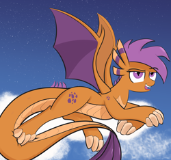 Size: 1024x957 | Tagged: safe, artist:cosmonaut, derpibooru import, scootaloo, dragon, cloud, dragonified, on a cloud, scootadragon, solo, species swap