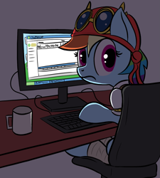 Size: 1235x1371 | Tagged: safe, artist:infrayellow, rainbow dash, pegasus, pony, my little pony: the movie, /mlp/, caught, chair, computer, cup, female, goggles, keyboard, looking at you, looking back, looking back at you, mare, mug, piracy, pirate outfit, pirate rainbow dash, pun, sitting, solo, torrent, visual pun