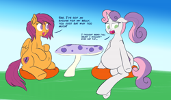 Size: 1024x597 | Tagged: safe, artist:cosmonaut, derpibooru import, scootaloo, sweetie belle, belly, dialogue, fat, food baby, older, pregnant, pregnant scootaloo, sweetie belly, sweetiedumb