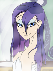 Size: 768x1024 | Tagged: safe, artist:thelivingmachine02, rarity, human, bedroom eyes, breasts, eyeshadow, female, gimp, humanized, looking at you, mirror, sauna, smiling, solo, sweat, towel, wet, wet mane, wet mane rarity