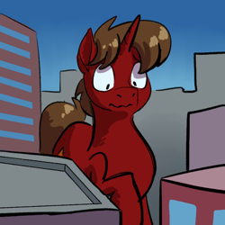 Size: 700x700 | Tagged: safe, artist:goat train, oc, oc only, oc:crimson rune, pony, unicorn, city, cityscape, giant pony, horn, macro, male, simple background, solo, stallion