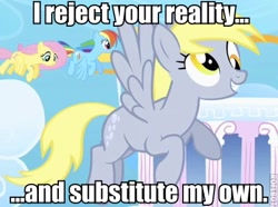 Size: 430x320 | Tagged: safe, edit, edited screencap, screencap, derpy hooves, fluttershy, rainbow dash, pegasus, pony, adam savage, cloudsdale, female, i reject your reality and substitute my own, image macro, mare, meme, mythbusters, text, the dungeonmaster