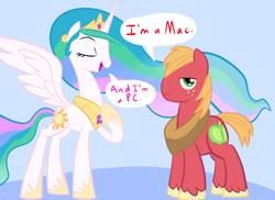 Size: 2338x1700 | Tagged: safe, artist:tess, big macintosh, princess celestia, alicorn, earth pony, pony, computer, dialogue, duo, english, eyes closed, female, frown, funny, jewelry, looking at you, mac, mac ad parody, male, mare, name pun, open mouth, pun, raised hoof, regalia, smiling, spread wings, stallion, unamused