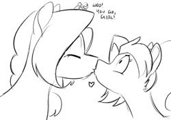 Size: 1000x700 | Tagged: safe, artist:goat train, oc, oc only, oc:anon, oc:cumulonimbus, oc:sequoia, human, pony, dialogue, eyes closed, female, heart, kissing, lesbian, mare, monochrome, oc x oc, shipping, simple background, size difference, this will end in death, white background