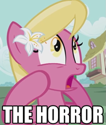 Size: 431x509 | Tagged: safe, edit, edited screencap, screencap, lily, lily valley, earth pony, pony, applebuck season, background pony, dialogue, female, flower, flower in hair, image macro, lily (flower), mare, meme, open mouth, reaction image, solo, text, the horror