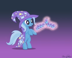 Size: 1000x811 | Tagged: dead source, safe, artist:glittering-pony, trixie, pony, unicorn, card, female, gradient background, levitation, magic, mare, photoshop, rearing, solo, telekinesis