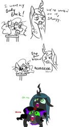 Size: 663x1220 | Tagged: safe, artist:jargon scott, king sombra, queen chrysalis, changeling, changeling queen, pony, unicorn, broken horn, bust, cute, cutealis, dark magic, dialogue, disembodied head, duo, female, floppy ears, headless, holding a pony, hoof hold, magic, male, modular, oh no, open mouth, reeee, simple background, sombra eyes, sombradorable, stallion, villain teamup, vulgar, white background
