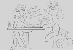 Size: 1024x698 | Tagged: safe, artist:cosmonaut, derpibooru import, scootaloo, sweetie belle, pegasus, pony, unicorn, dialogue, duo, floppy ears, lidded eyes, monochrome, older, open mouth, sitting, stool, table, teenager