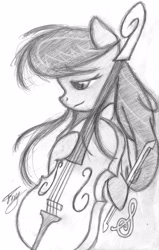Size: 2047x3220 | Tagged: dead source, safe, artist:bronyfang, octavia melody, earth pony, pony, bipedal, cello, female, grayscale, high res, mare, monochrome, musical instrument, sketch, solo, traditional art