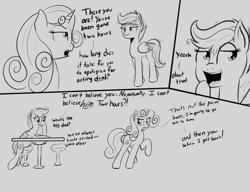 Size: 1024x788 | Tagged: safe, artist:cosmonaut, derpibooru import, scootaloo, sweetie belle, alternate hairstyle, monochrome, noodle incident, older, skinny, sweat, teenager