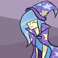 Size: 1200x1200 | Tagged: dead source, safe, artist:askhumantrixie, artist:sirensy, trixie, human, abstract background, cape, clothes, female, hat, humanized, smiling, solo, trixie's cape, trixie's hat