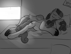 Size: 2080x1600 | Tagged: safe, artist:cosmonaut, derpibooru import, rumble, sweetie belle, bed, feather, female, male, monochrome, older, rumbelle, shipping, sleeping, straight, teenager, unshorn fetlocks