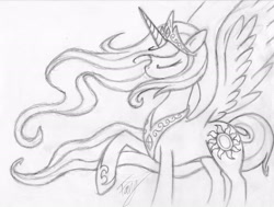 Size: 3116x2358 | Tagged: dead source, safe, artist:bronyfang, princess celestia, alicorn, pony, eyes closed, female, grayscale, high res, mare, monochrome, raised hoof, sketch, solo, spread wings, traditional art, wings