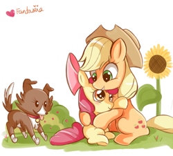 Size: 600x542 | Tagged: safe, artist:ipun, apple bloom, applejack, winona, dog, earth pony, pony, apple sisters, applejack's hat, cowboy hat, female, filly, flower, foal, hat, hug, mare, pet, siblings, simple background, sisters, trio, white background