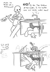 Size: 928x1338 | Tagged: safe, artist:jargon scott, oc, oc only, oc:horsey husband, oc:human wifey, earth pony, human, pony, 2 panel comic, comic, dialogue, female, grayscale, leaking, male, monochrome, screaming, screwdriver, simple background, sink, stallion, underhoof, water, wharrgarbl, white background, wrench