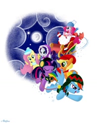 Size: 1024x1302 | Tagged: safe, artist:olegsavoskin, applejack, fluttershy, pinkie pie, rainbow dash, rarity, twilight sparkle, unicorn twilight, earth pony, human, pegasus, pony, unicorn, christmas, clothes, earmuffs, female, flying, hat, mane six, mare, mare in the moon, moon, santa claus, scarf, sleigh, spread wings, wings