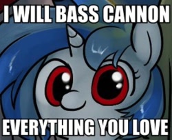 Size: 720x585 | Tagged: safe, artist:valcron, dj pon-3, vinyl scratch, pony, unicorn, bass cannon, image macro, solo