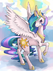 Size: 469x632 | Tagged: dead source, safe, artist:rustystones, princess celestia, alicorn, pony, female, looking at you, mare, raised hoof, solo, spread wings, sun, wings